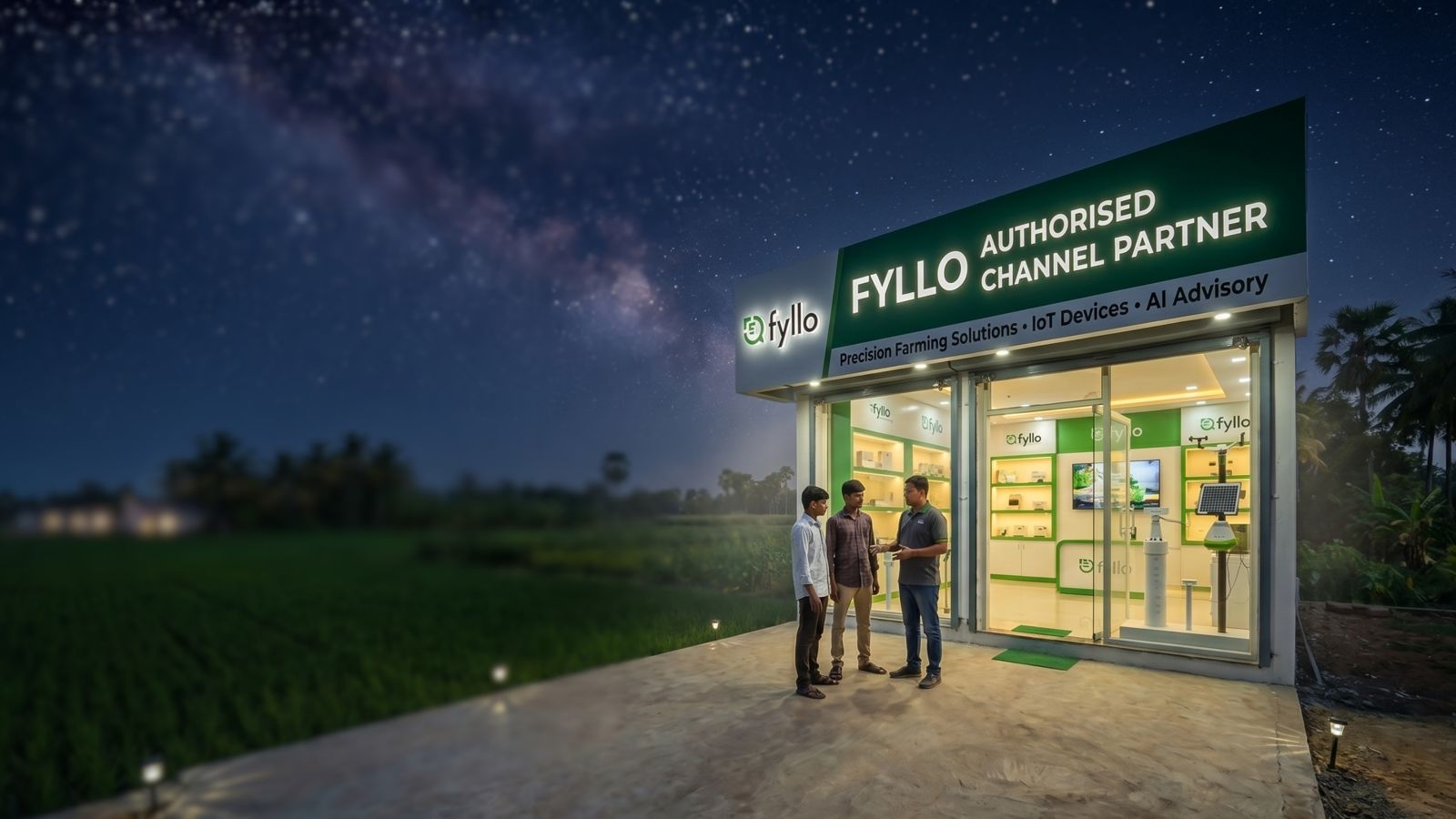 Dark green field under starlight with Fyllo agritech weather station representing smart farming partnership