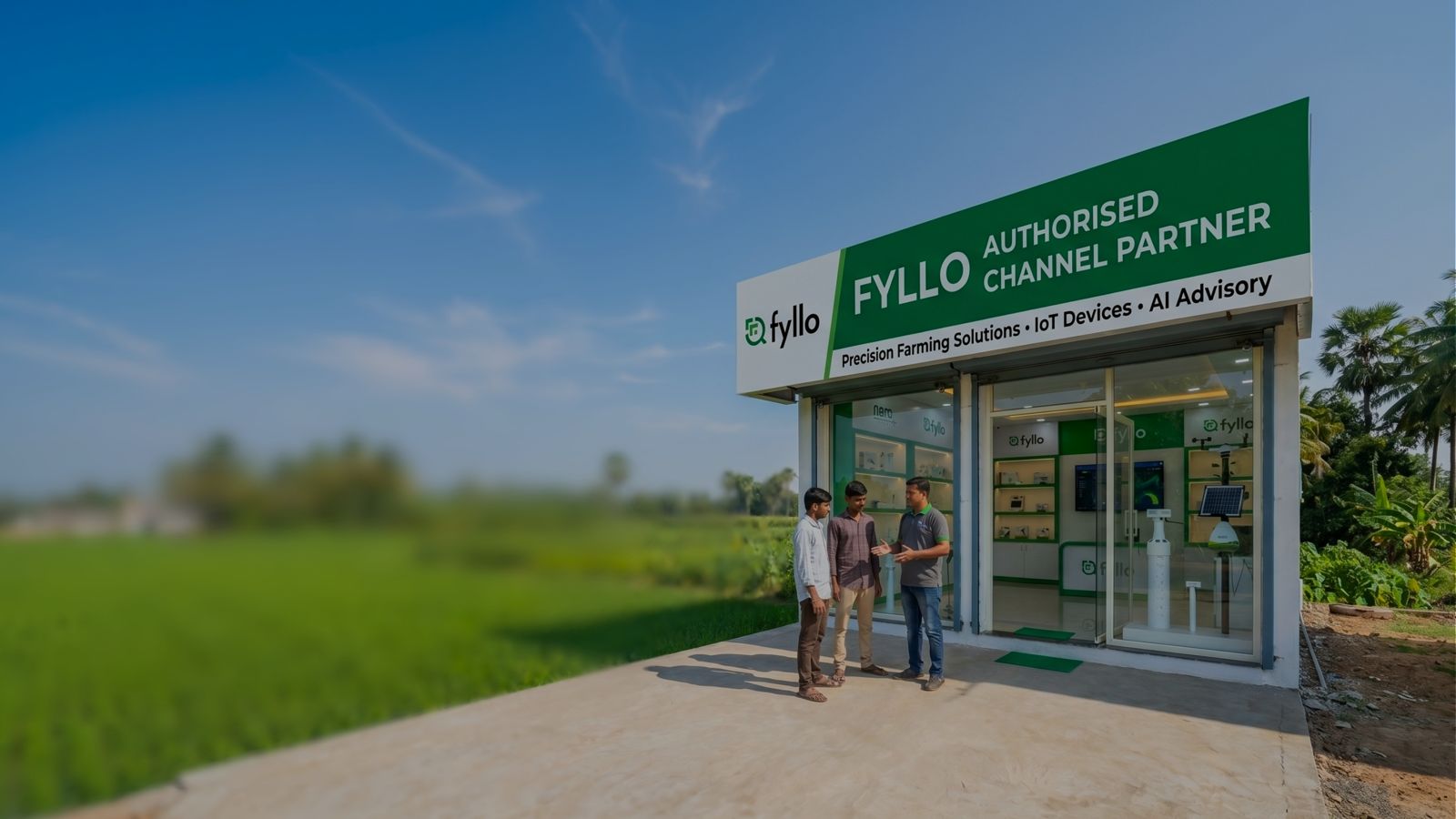Green field with precision farming IoT sensor representing agricultural dealership opportunities