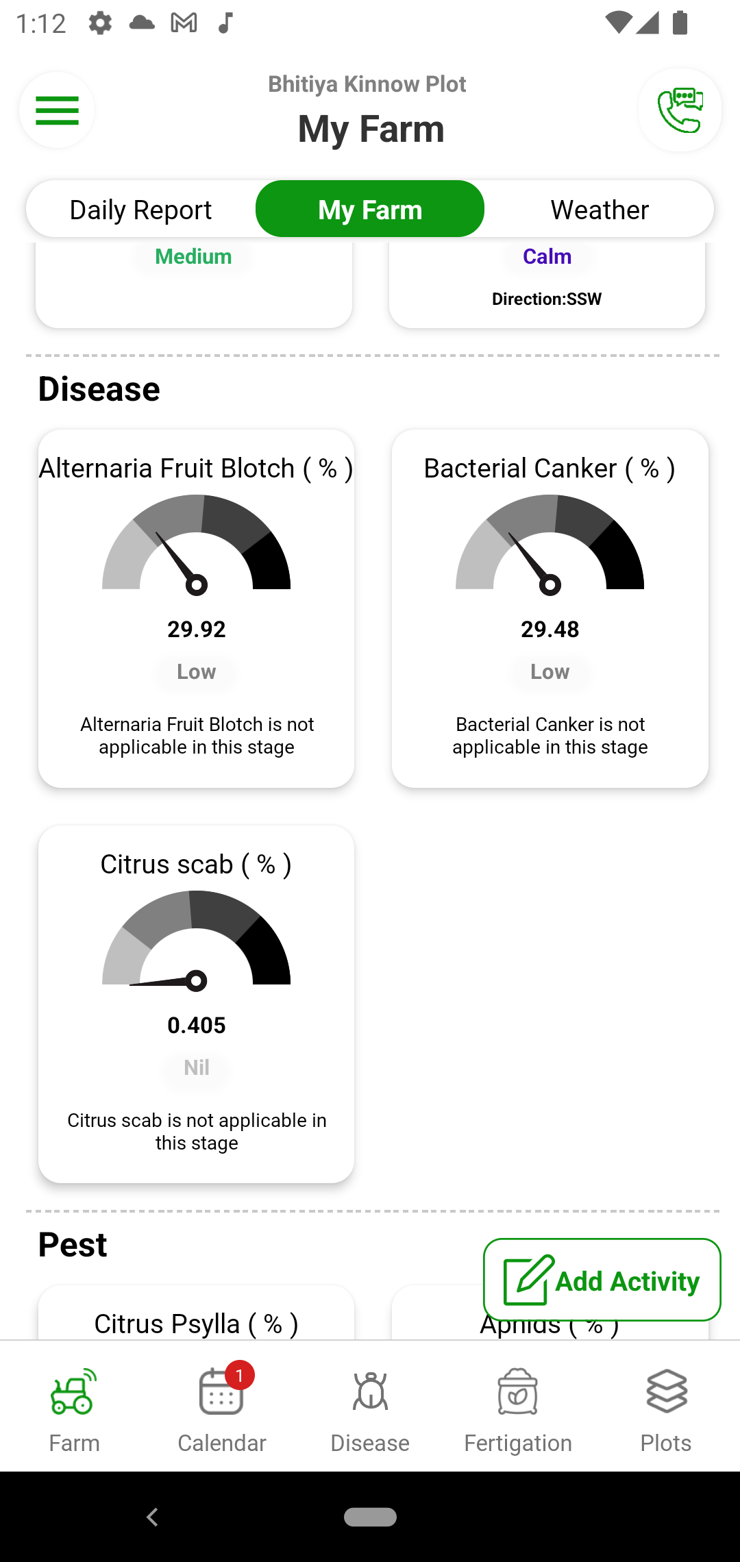 Citrus as a crop is susceptible to various diseases and pests. Major diseases are Alternaria Fruit Blotch, Bacterial Canker and Citrus Scab. Pests that can harm the crop include Thrips, Aphids, Mites, Citrus Psylla and White Fly. Fyllo provides prediction of these diseases and pests along with preventive plant protection schedule.

                The disease/pest prediction models are based on stage of the crop and favorable climate.
                
                You can also monitor area wise progression of the diseases and pests. Fyllo also tells best time to spray for highest effectivity of plant protection molecules.