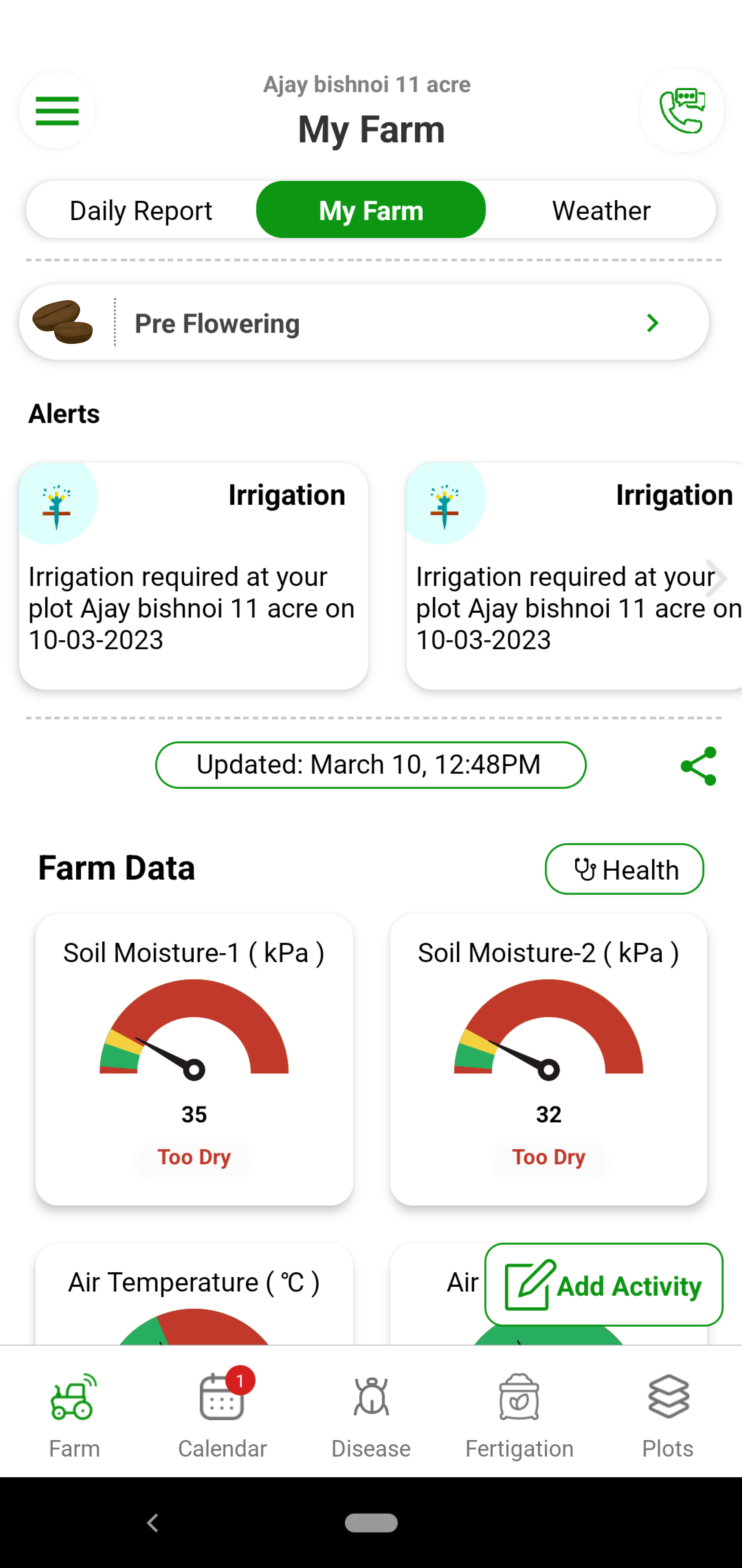 Precise irrigation given to the Coffee can help you get the best quality beans from the plants. Over irrigation leads to wilting in the plants. Coffee’s water requirements vary based on soil type and stage. With Fyllo’s device containing soil moisture and soil temperature sensor and intelligent software, you get alerts on how much water to provide to the crop. You can also see and visualize evapotranspiration (Etc) values of the crop. You can perfectly manage the water requirements to get the perfect size, color and sugar.