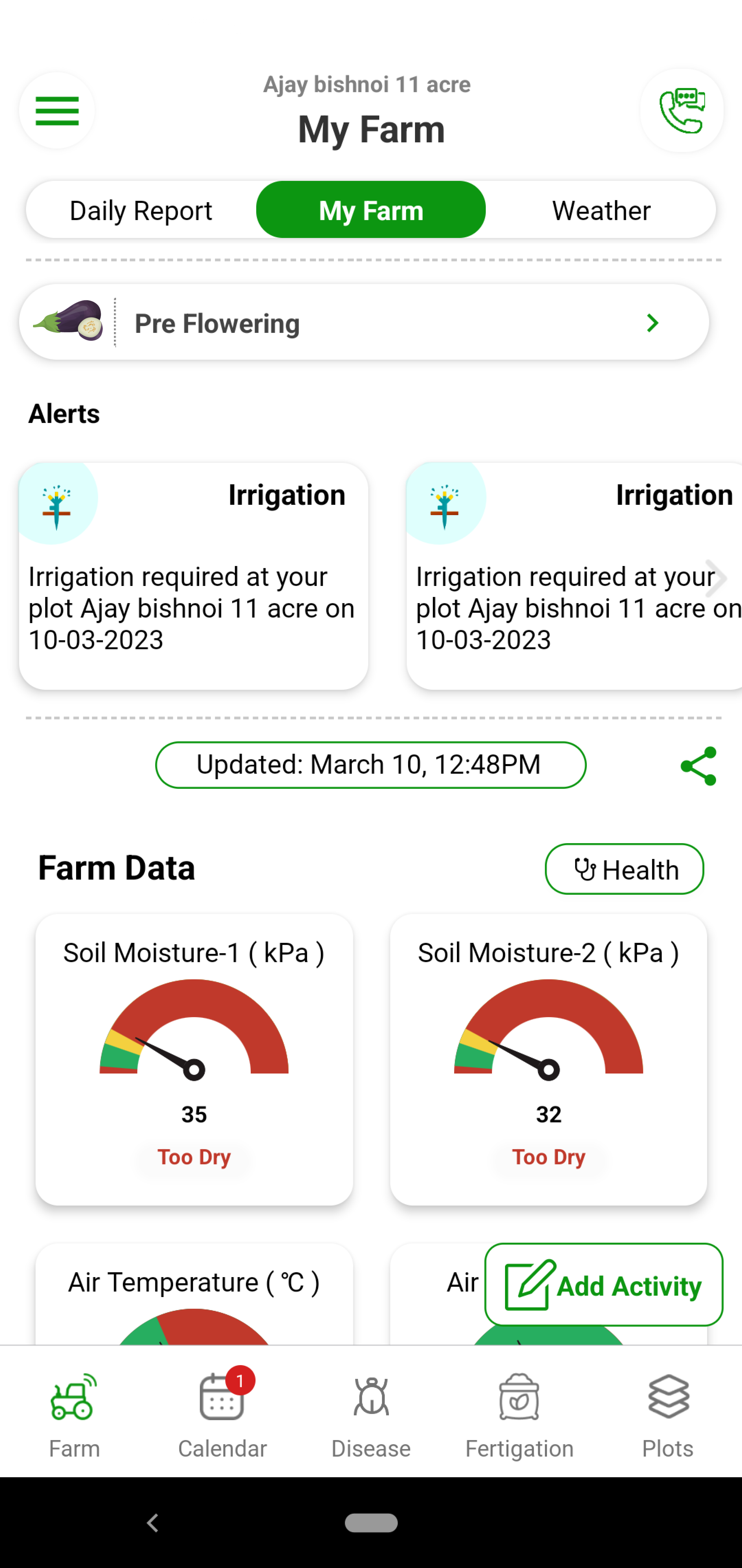 Too much water or too less water can be very harmful for Brinjal. Over irrigation leads to wilting in the plants. Brinjal’s water requirements vary based on soil type and stage. With Fyllo’s device containing soil moisture and soil temperature sensor and intelligent software, you get alerts on how much water to provide to the crop. You can also see and visualize evapotranspiration (Etc) values of the crop. You can perfectly manage the water requirements to get the perfect size, color.