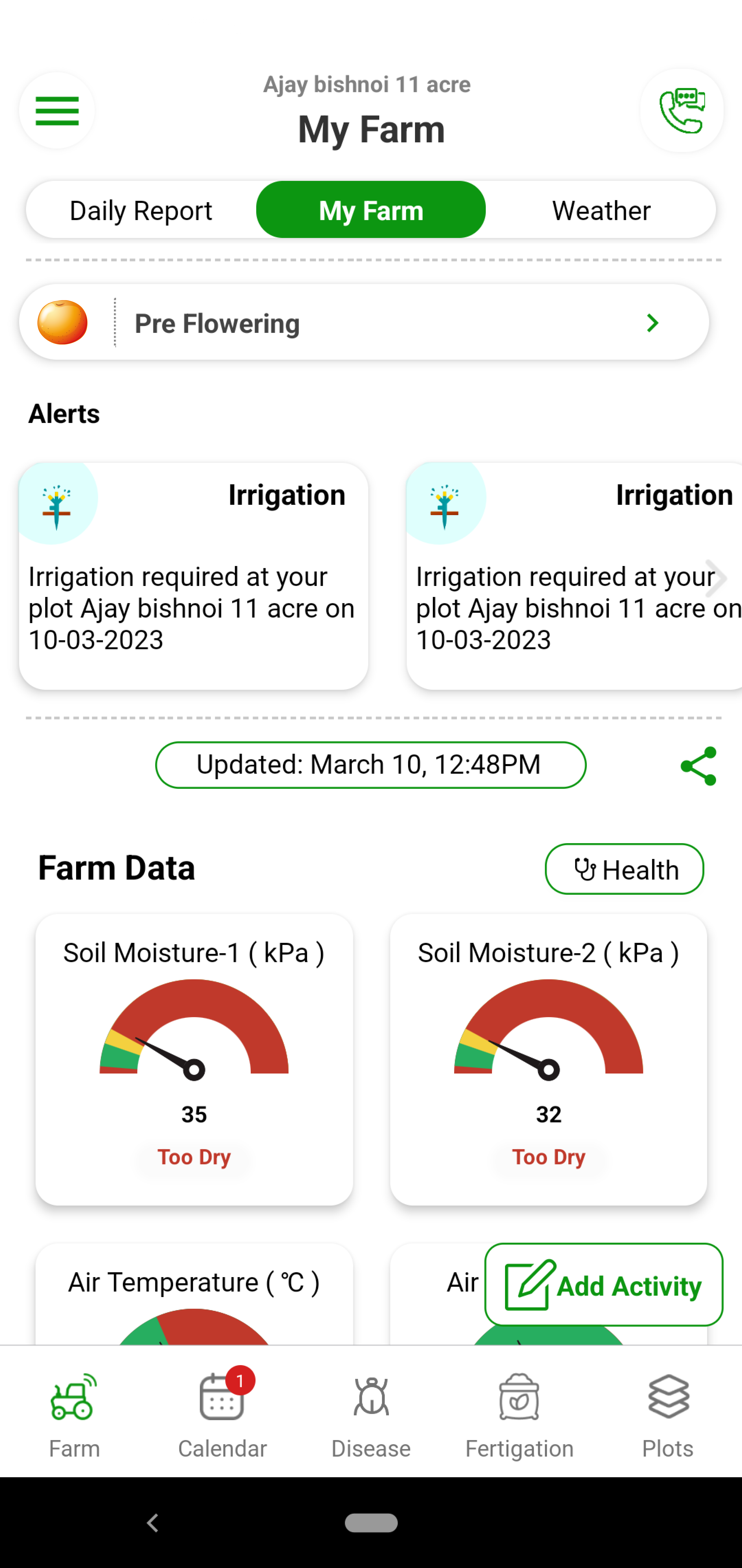 Citrus’s water requirements vary based on soil type and stage. Water requirement also change from one variety to other and also your flowering time or season. With Fyllo’s device containing soil moisture and soil temperature sensor and intelligent software, you get alerts on how much water to provide to the crop. You can also see and visualize evapotranspiration (Etc) values of the crop. You can perfectly manage the water requirements to beat the heat stress and maintain perfect acid/TSS ratio